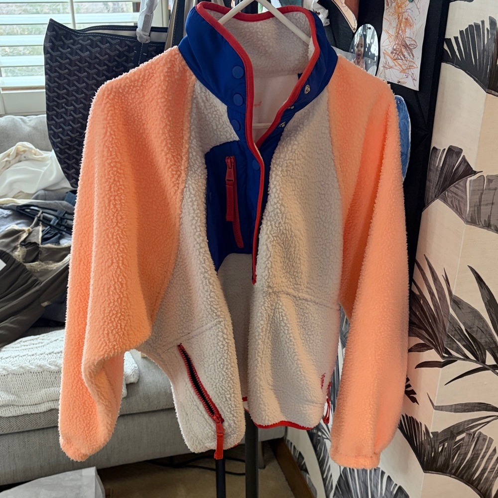 Free People Sherpa Teddy Jacket in Peach, Cream & Blue